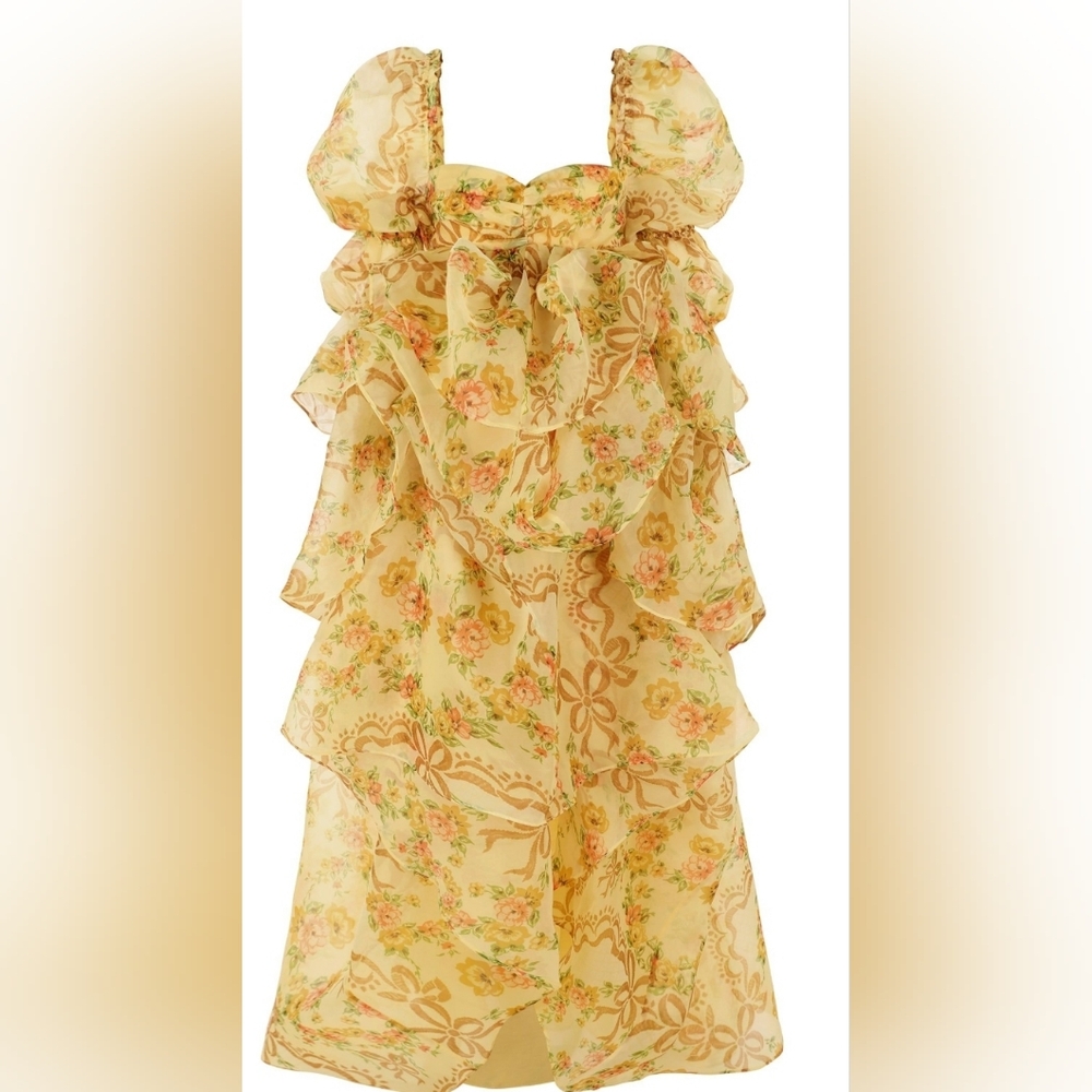 Selkie creme brulee gown wedding party date bows yellow floral green lined maxi